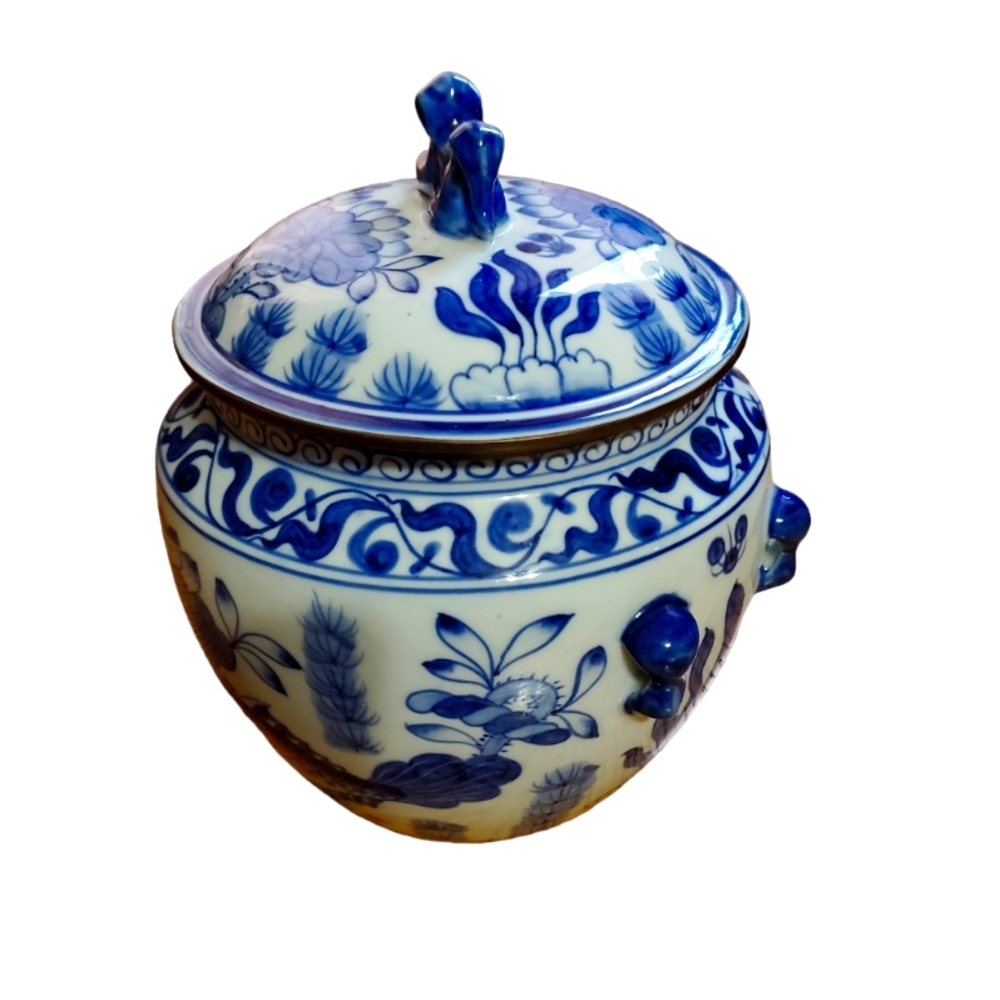 Vintage Chinese Blue and White Porcelain Fish Pond Gold Gilt Covered Jar
